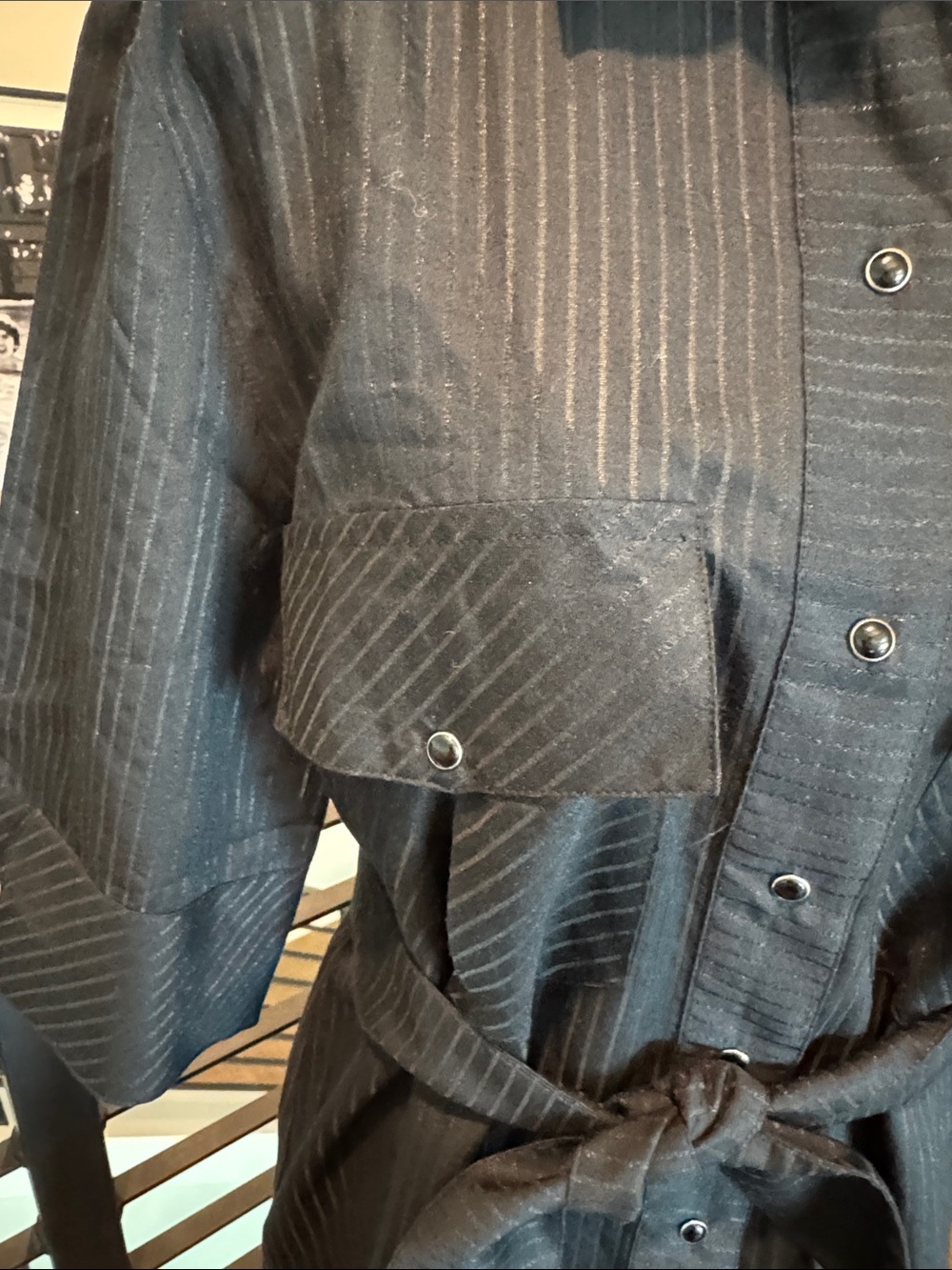 Simona Corsellini Navy Gold Metallic Pinstripe Snap Button Shirt Dress Tie 44 - Picture 4 of 14